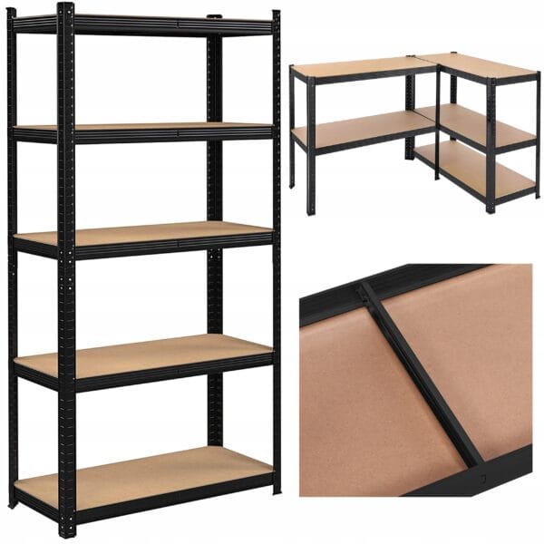 REGAŁ MAGAZYNOWY METALOWY GARAŻOWY OCYNK CZARNY PÓŁKI MDF 180x90x30 875 kg